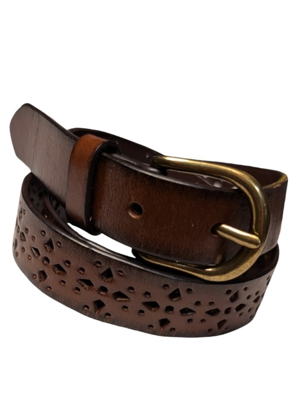 Brown Leather Perforated Cutout Belt Bohemian Western Cowgirl Brass buckle Med